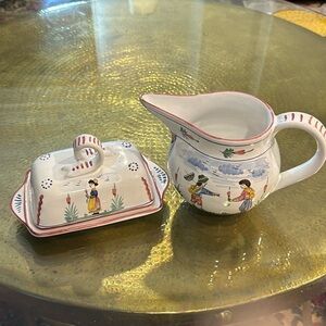Vintage  Italian Pitcher & HandPainted Quimper Style & Butter dish Italy